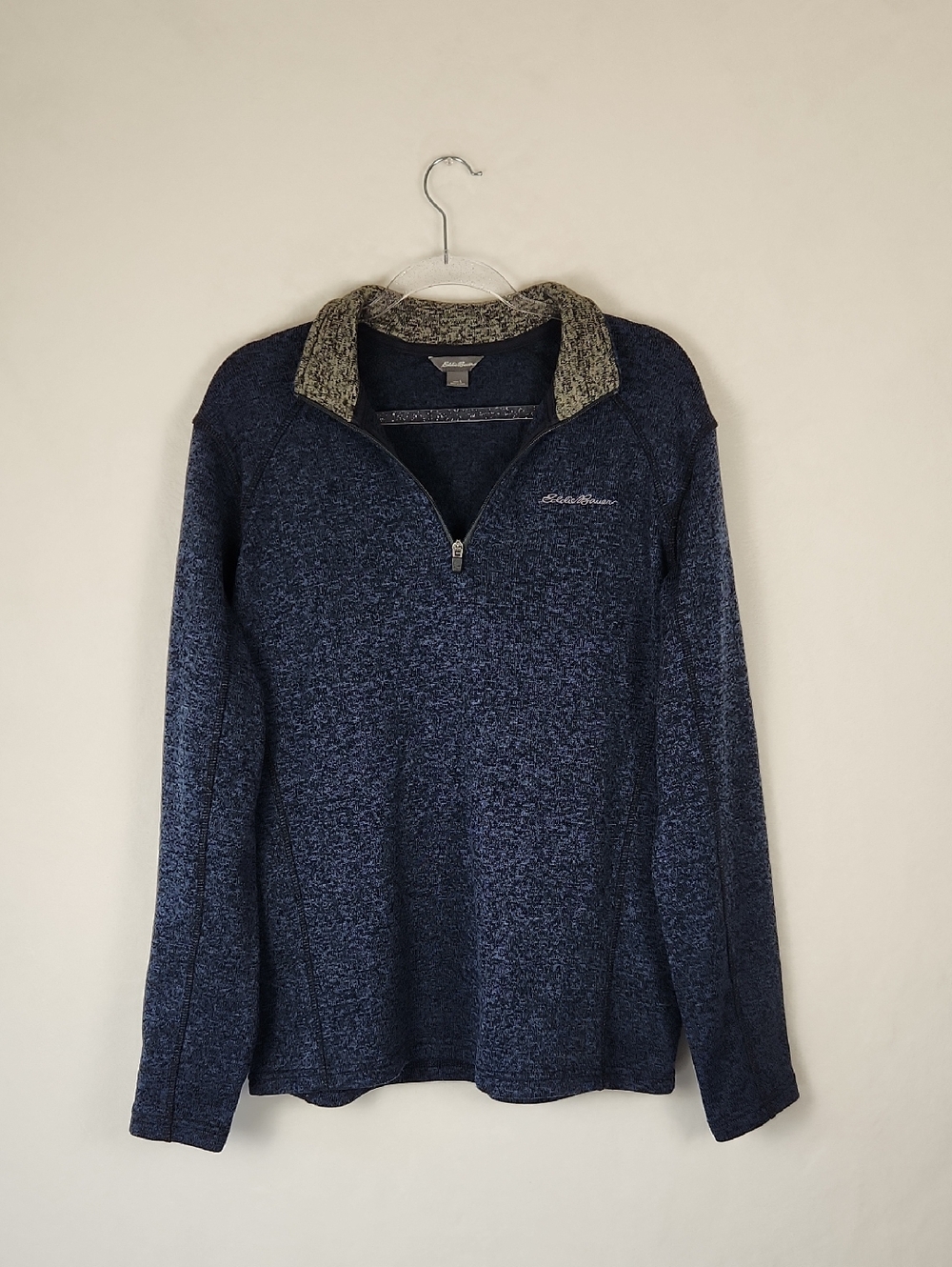 Eddie Bauer Men's L Quarter Zip Pullover Heather Navy Blue with Gray Collar